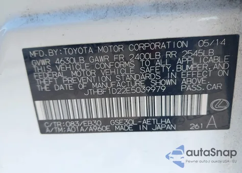 2014 Lexus Is 250 z USA, uszkodzony, nr VIN JTHBF1D22E5039979